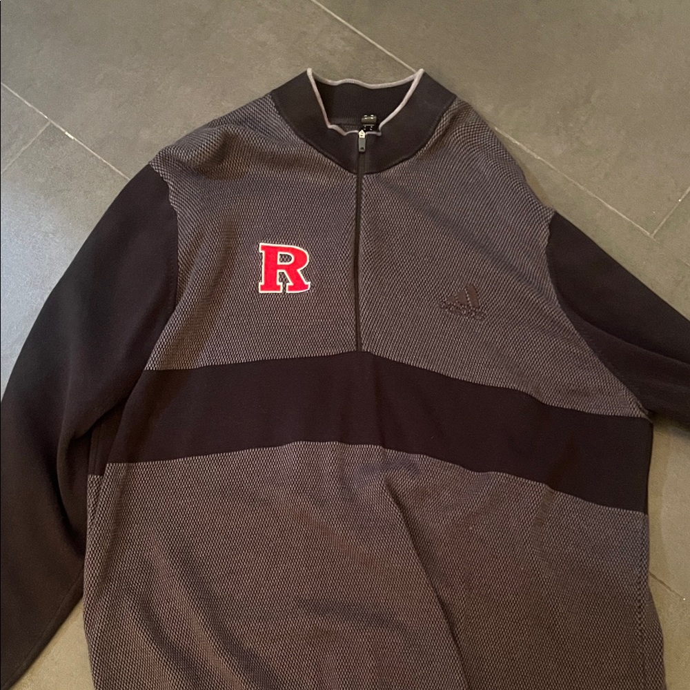 adidas Men’s Black and Gray Zip-Up Sweater with Red 'R' Patch